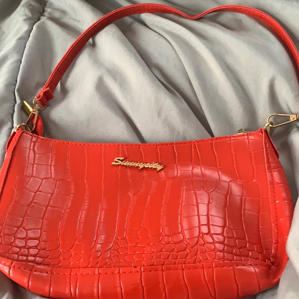 Red Faux Crocodile Print Shoulder Bag